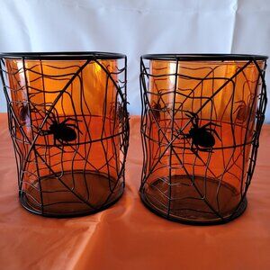 HD Designs Set of 2 Halloween Orange Glass & Black Metal Spider Candle Holders